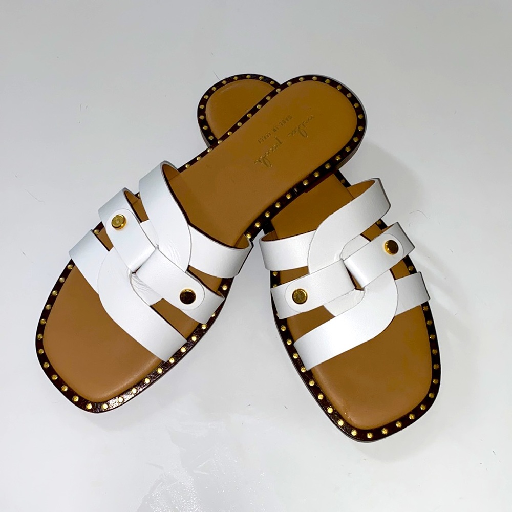 Mia paoli  sandals. white and tan with gold accents